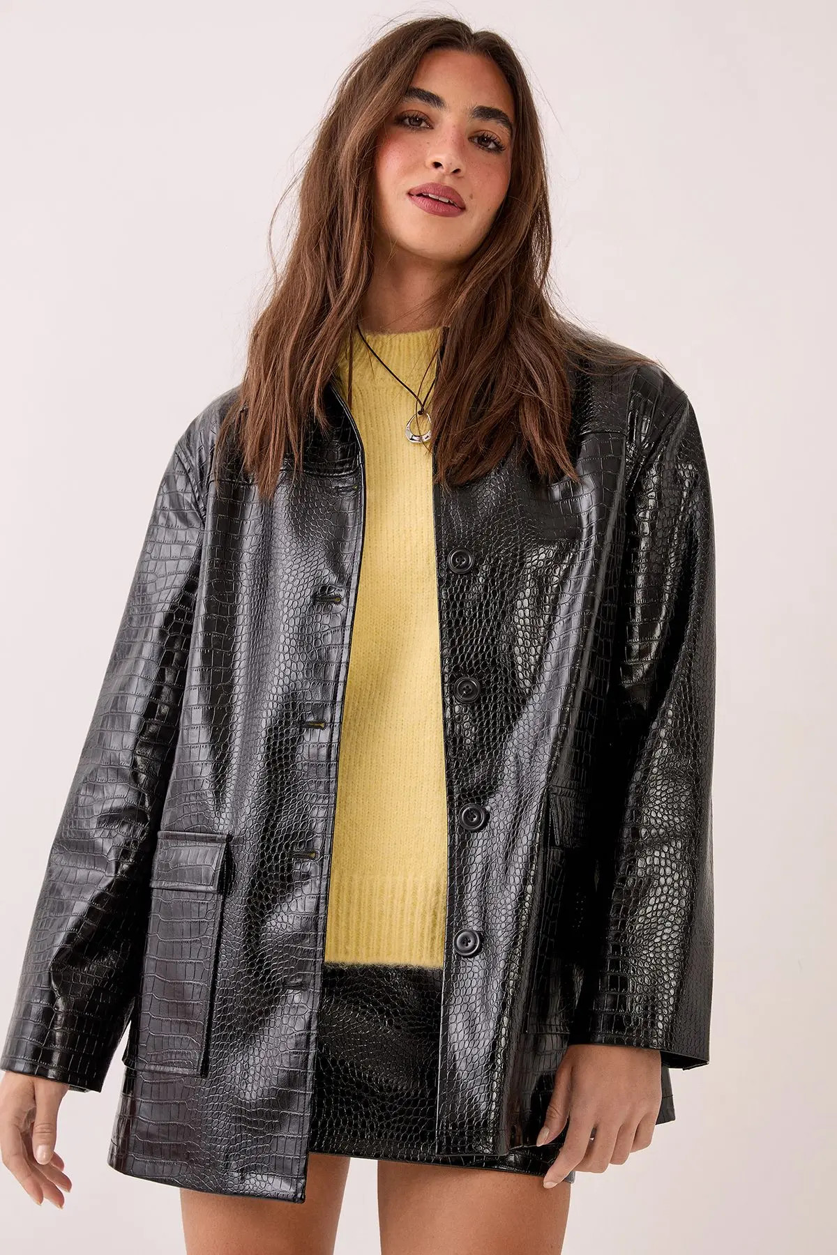 NASTY GAL Croc Vinyl Faux Leather Clean Jacket in Black at Nordstrom, Size 4 | Nordstrom