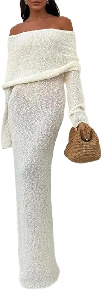 Women Sexy Off Shoulder Maxi Dress Long Sleeve Knit Crochet Bodycon Ruched Mesh Beach Vacation Pa... | Amazon (US)