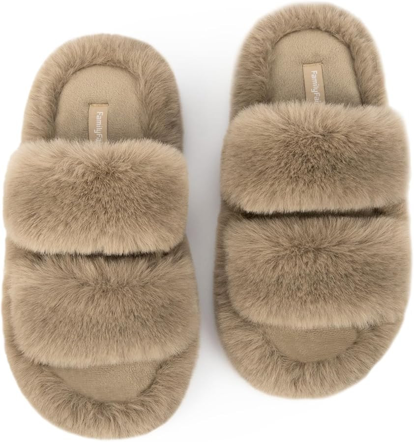 FamilyFairy Women's Fluffy Faux Fur Slippers Comfy Open Toe Two Band Slides with Fleece Lining an... | Amazon (US)
