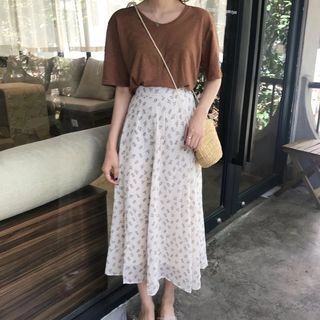 Plain Short Sleeve T-Shirt / Floral Print Midi Chiffon Skirt | YesStyle Global