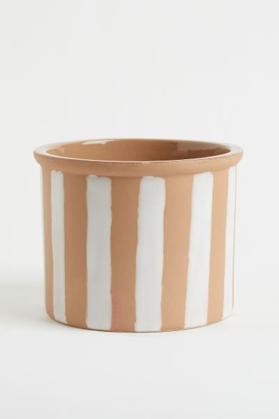 Plant pot in stoneware with a rounded rim at top. Unglazed finish with contrasting, glazed stripe... | H&M (US + CA)