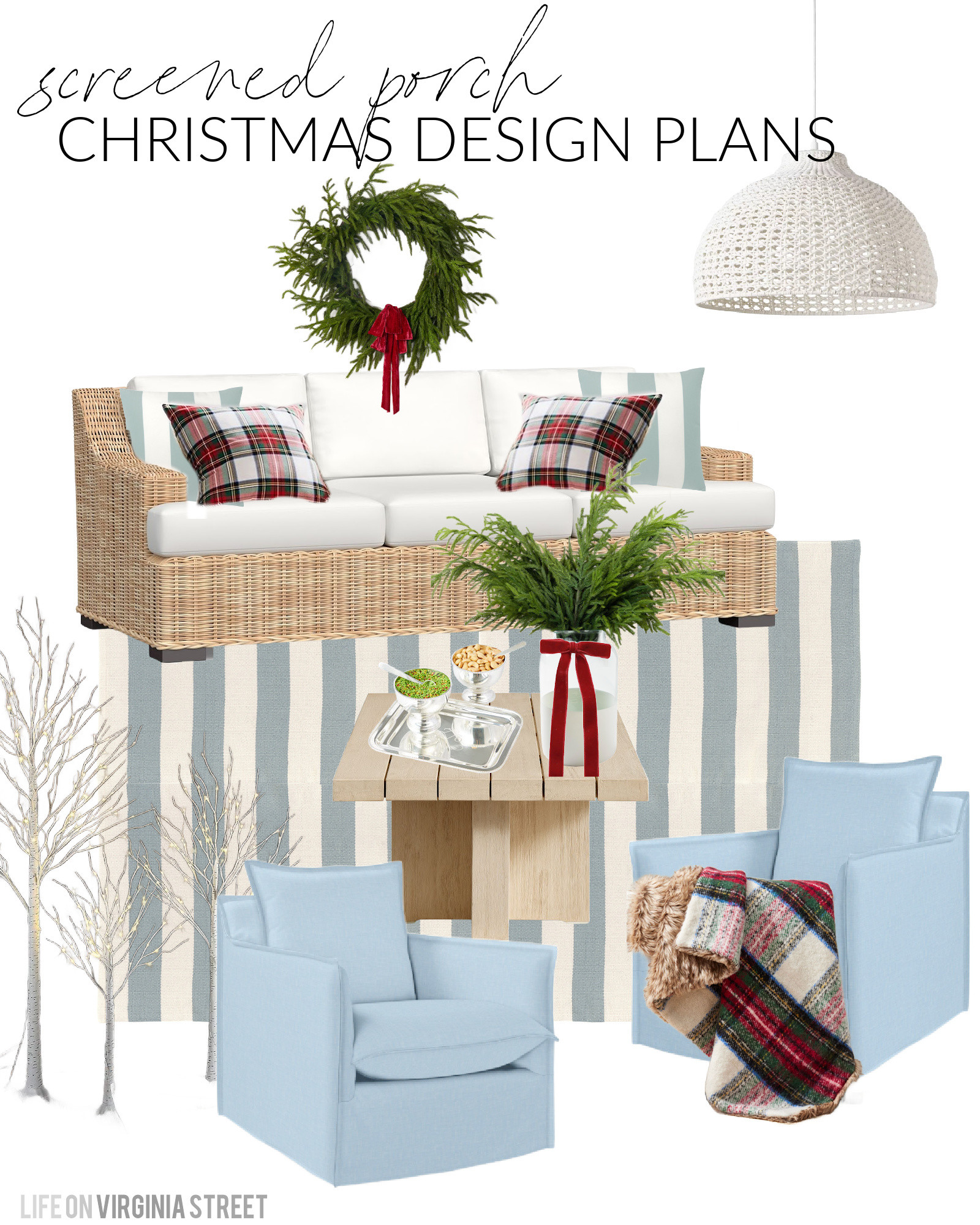 Christmas decorating on our screened-in porch living space! We love this outdoor wicker style sofa, blue striped rug, rope chandelier, and swivel armchairs. I plan to pair these outdoor plaid pillows, a wreath, faux greenery stems, a cozy plaid throw blanket, pre-lit birch trees, and red velvet bows with everything for the holidays! See all of my Christmas decorating plans here: https://lifeonvirginiastreet.com/2024-christmas-design-boards/ #ltkholiday #ltkhome #ltksalealert #ltkfindsunder50 #ltkfindsunder100 #ltkstyletip #ltkseasonal 

 #LTKHoliday #LTKSeasonal #LTKHome
