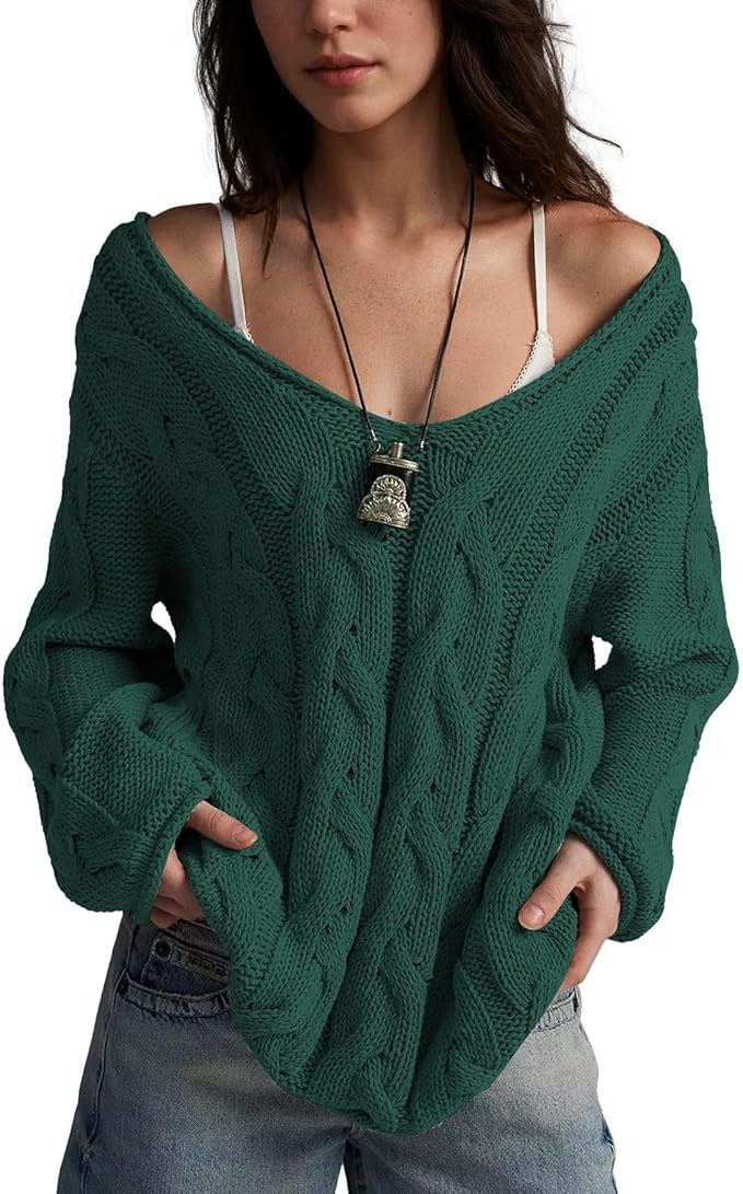 Womens Oversized Off The Shoulder Sweaters Chunky Knit Wide V-Neck Tops Casual Slouchy Pullover F... | Amazon (US)