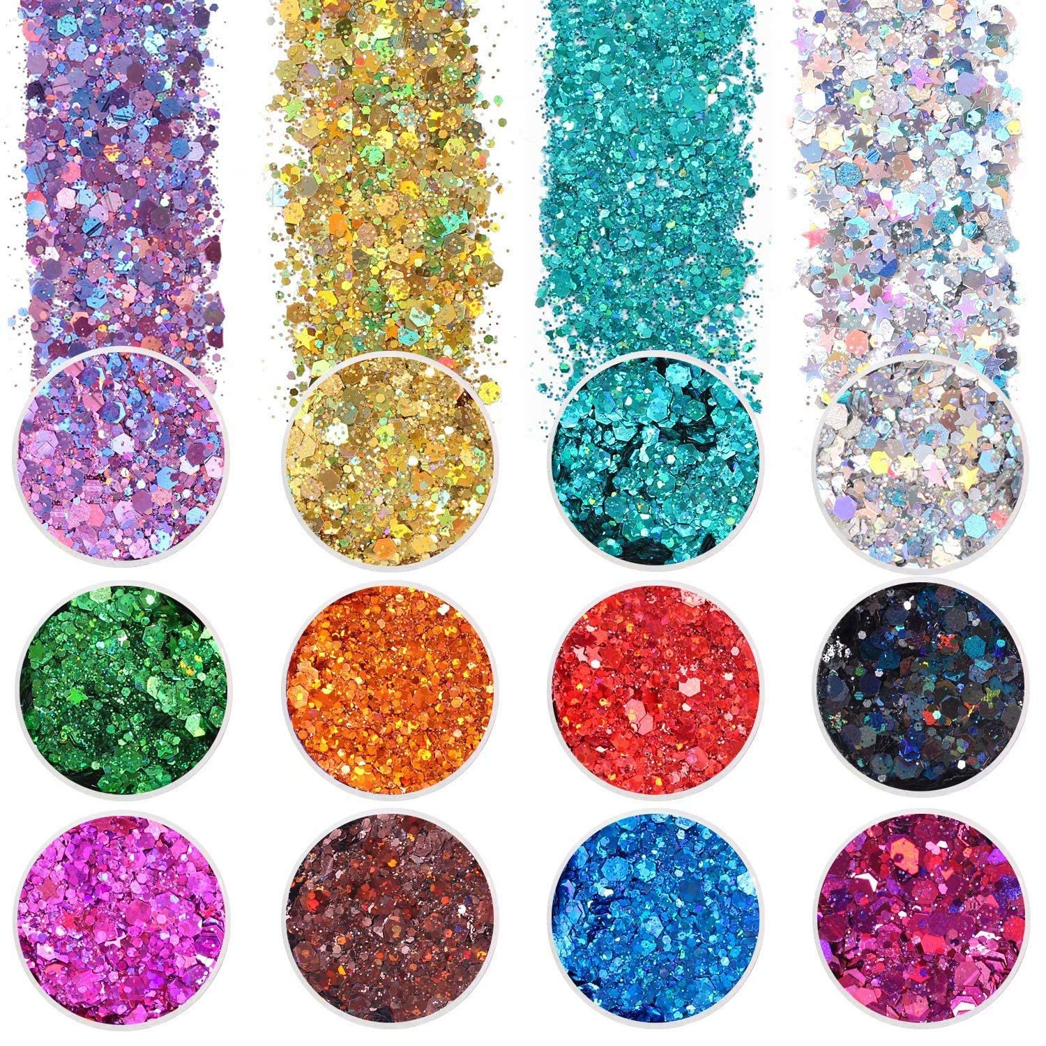 Holographic Chunky Glitter, Set of 12, Licool Craft Glitter for Resin Art Crafts, Cosmetic Glitte... | Amazon (US)