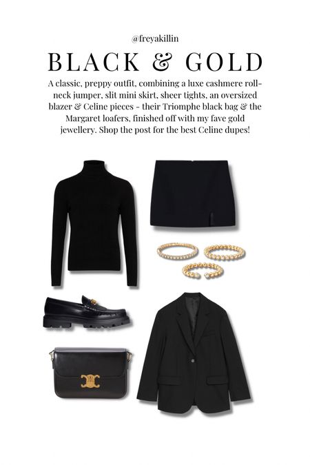 A classic, preppy outfit, combining a luxe cashmere roll-neck jumper, slit mini skirt, sheer tights, an oversized blazer & Celine pieces - their Triomphe black bag & the Margaret loafers, finished off with my fave gold jewellery. Shop the post for the best Celine dupes! 

#LTKeurope #LTKstyletip #LTKSeasonal