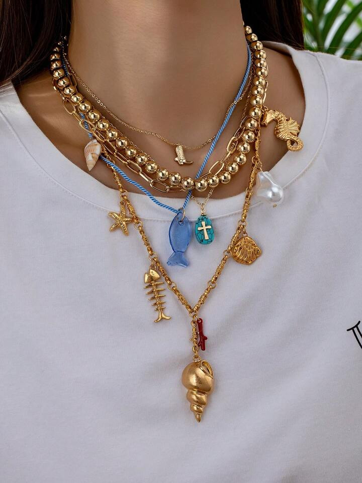 6pcs Handmade Ocean Sea Shell & Starfish Charms Necklace Set For Women, Random Shapes And Colors | SHEIN