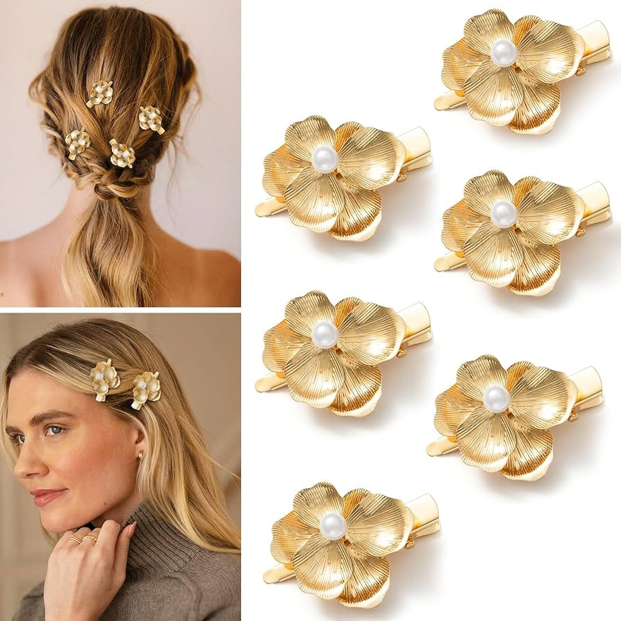 6 Pack Gold Flower Hair Clips for Girls, Small Hair Claw Clips with Pearl Accents, Metal Alligato... | Amazon (US)