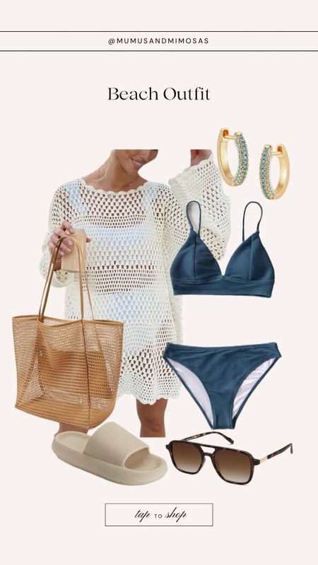 Beach/vacation outfit and accessories 
Beach bag, crochet swim cover up, beach shoes, gold and turquoise earrings, cupshe swimsuit 

#LTKtravel #LTKeurope #LTKswim