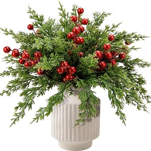 Watayo 60 Pcs Christmas Artificial Pine Branches with Red Berry Stems, 10.5" Faux Evergreen Norfo... | Amazon (US)