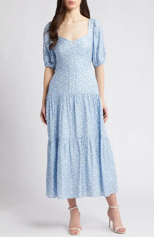 Chelsea28 Floral Tiered Puff Sleeve Maxi Dress in Blue Floral at Nordstrom, Size X-Small | Nordstrom
