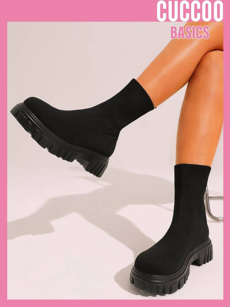 CUCCOO Basic Minimalist Knit Platform Sock Boots | SHEIN