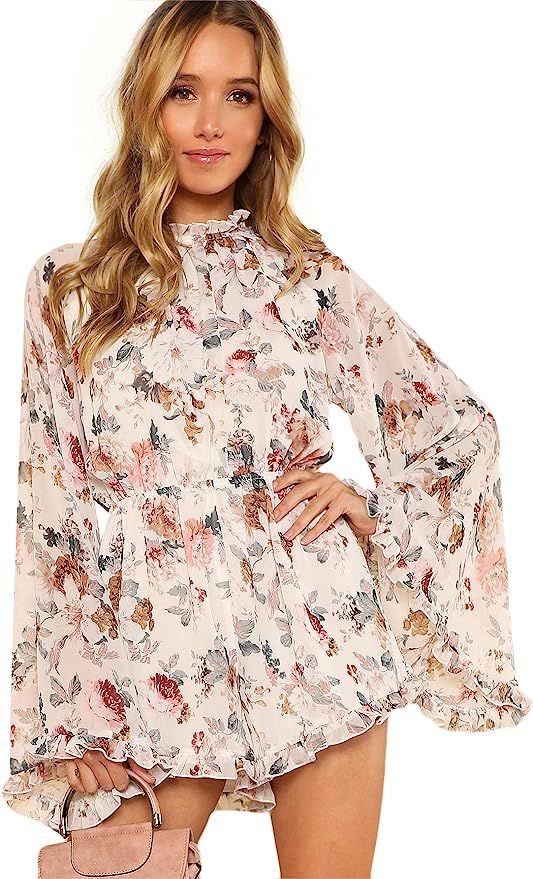 ROMWE Women's Floral Printed Ruffle Bell Sleeve Loose Fit Jumpsuit Rompers | Amazon (US)