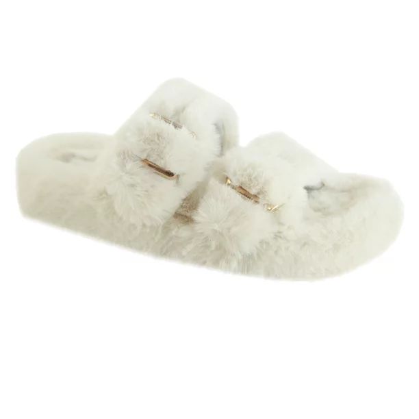 New Women's Buckle Double Strap Sherpa Teddy Faux Fur Flat Plush Sandal Slipper (FREE SHIPPING) | Walmart (US)