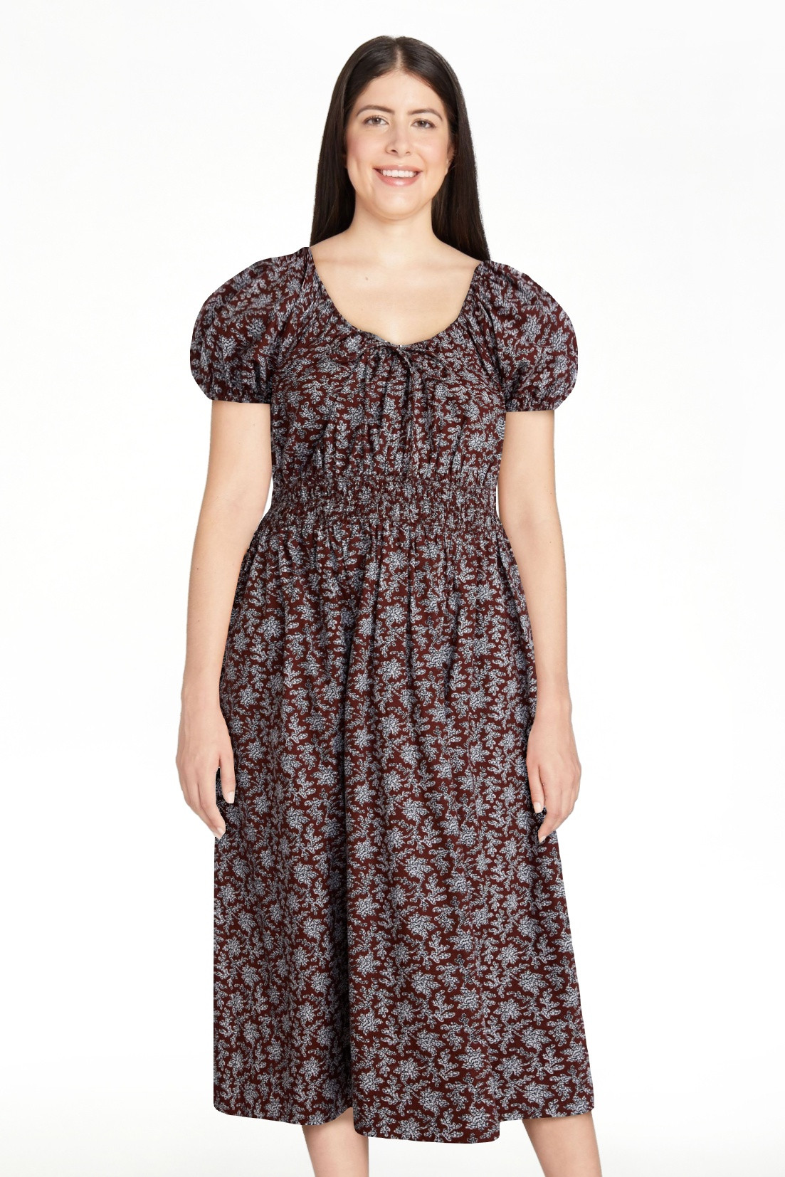 Scenario Women's and Women's Plus Smocked Waist Peasant Midi Dress with Puff Sleeves, Sizes XS-4X | Walmart (US)