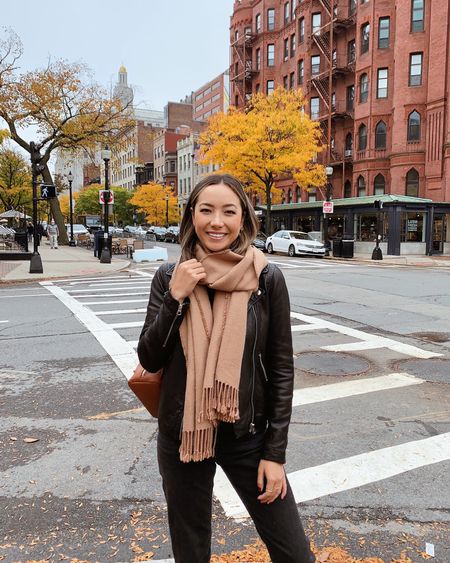 25% off my favorite leather moto jacket at madewell - xs 
Soft fringed scarf 
Similar black jeans part or madewell sale 

Fall travel / capsule wardrobe 