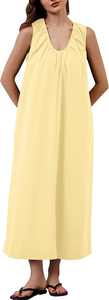 Livtany Women's Scoop Neck Ruched Maxi Dress Flowy Swing Wide Straps Long Dress Casual Sleeveless... | Amazon (US)