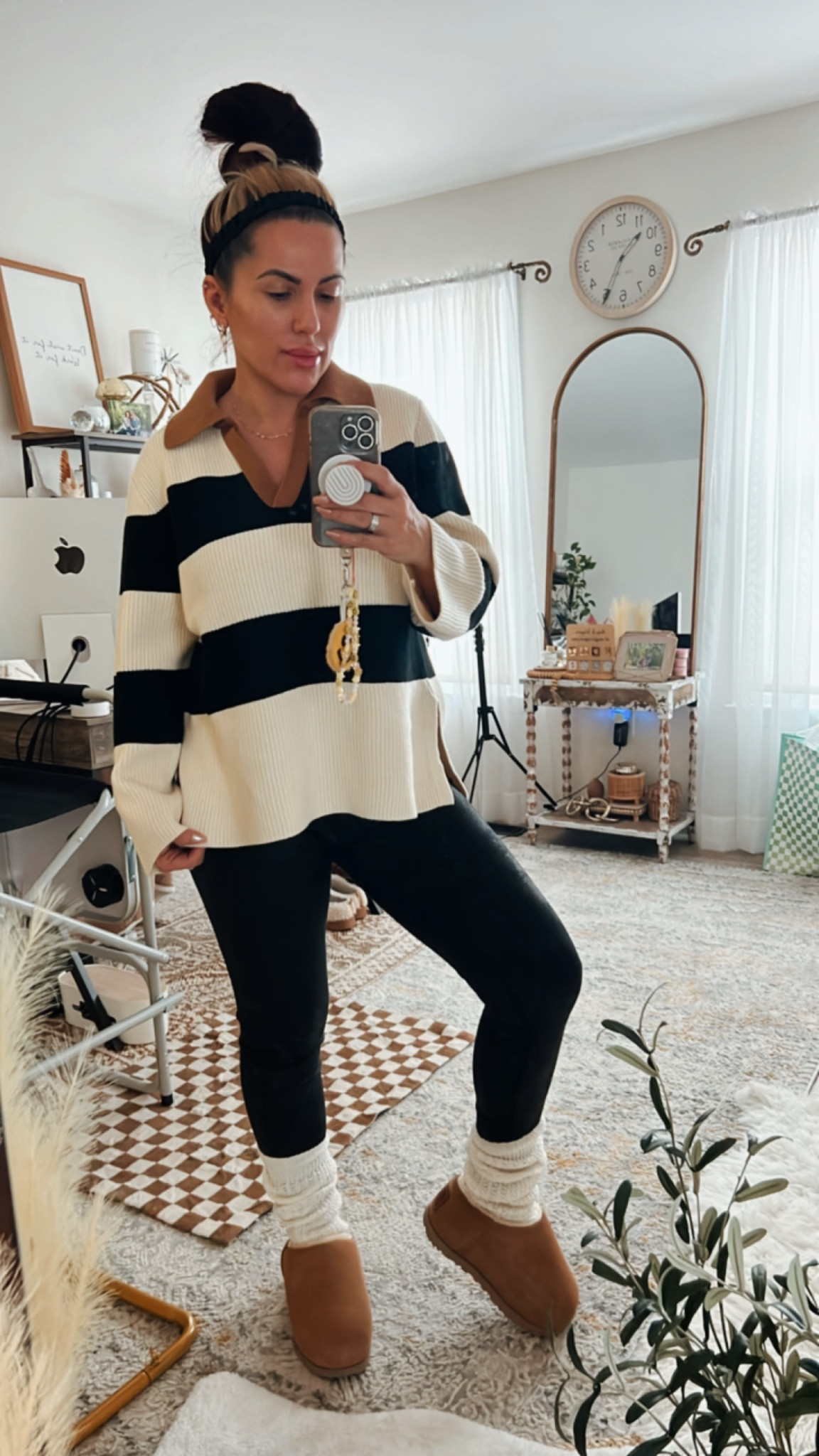 This sweater is a medium weight knit. I love the contrast of the stripes and color blocking. I paired it with r faux leather pebbled leggings, some scrunch knit socks, and platform Uggs. Everything pretty true to size.

#LTKShoeCrush #LTKFindsUnder100 #LTKStyleTip