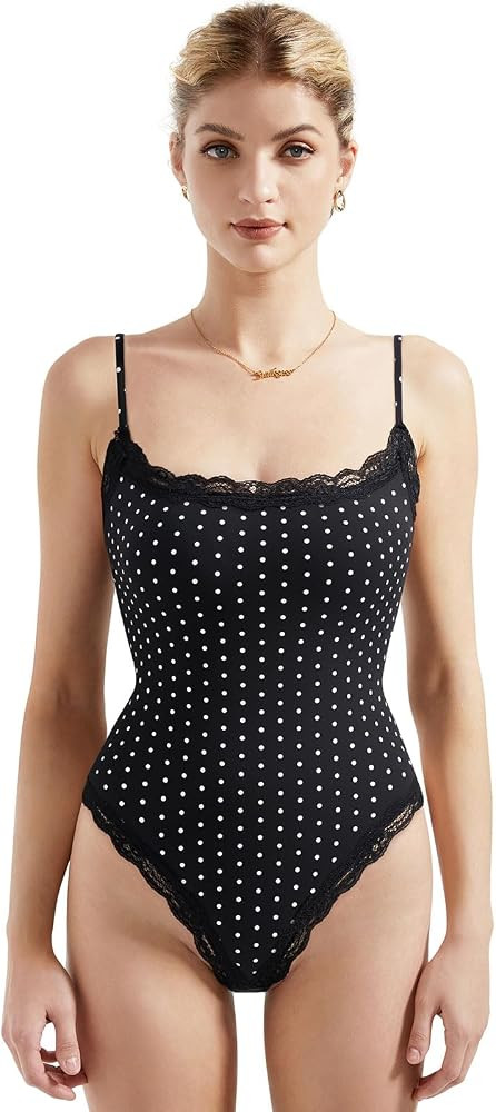 SUUKSESS Women Square Neck Lace Bodysuit Sleeveless Spaghetti Strap Tank Top | Amazon (US)