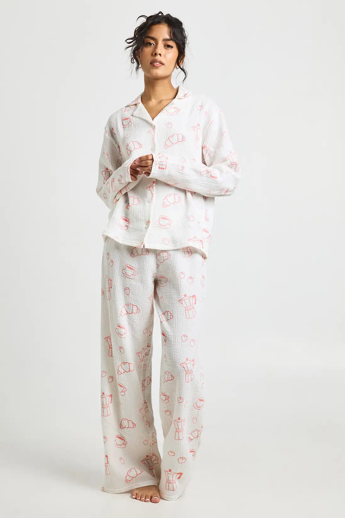 Breakfast Print Textured Long Sleeve Shirt & Trouser Pyjama 3 Piece Set | boohoo (US & Canada)
