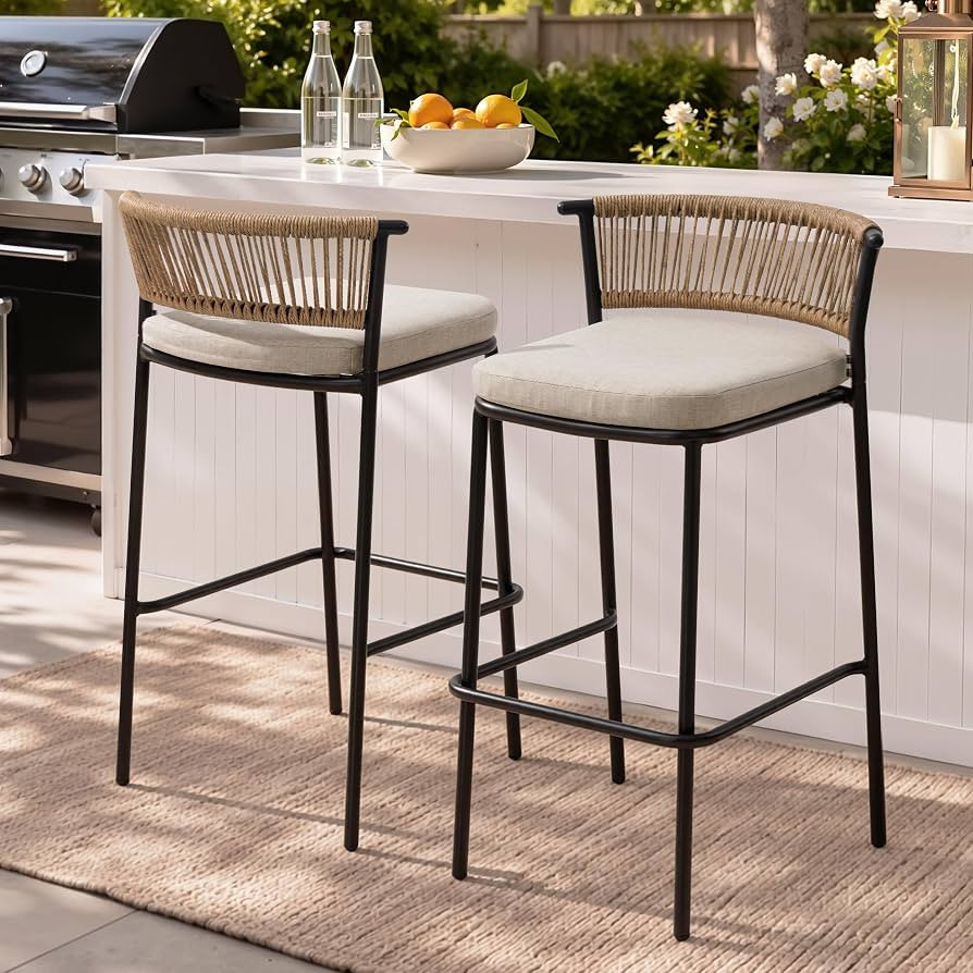 Outdoor Bar Stools Set of 2, 29" Stackable Bar Stools with Rattan Back | Amazon (US)