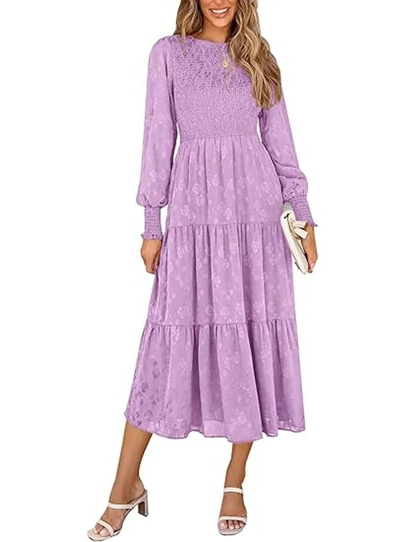 PRETTYGARDEN Women's Fall Spring Midi Dress Long Sleeve Floral Smocked Elegant Wedding Guest Long... | Walmart (US)