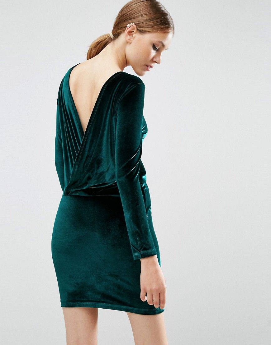 ASOS Velvet Wrap Back Long Sleeve Mini Dress - Green | ASOS US