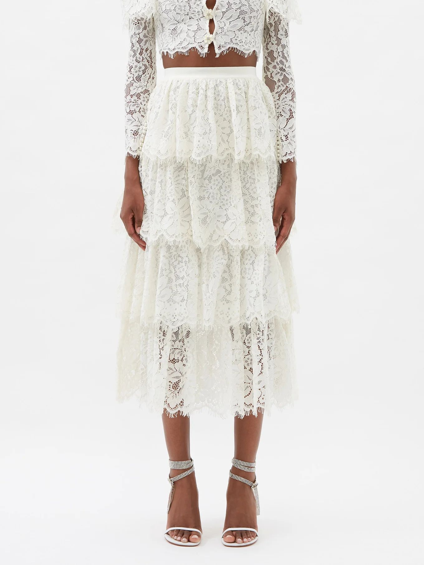 Tiered guipure-lace cotton-blend skirt | Matches (US)