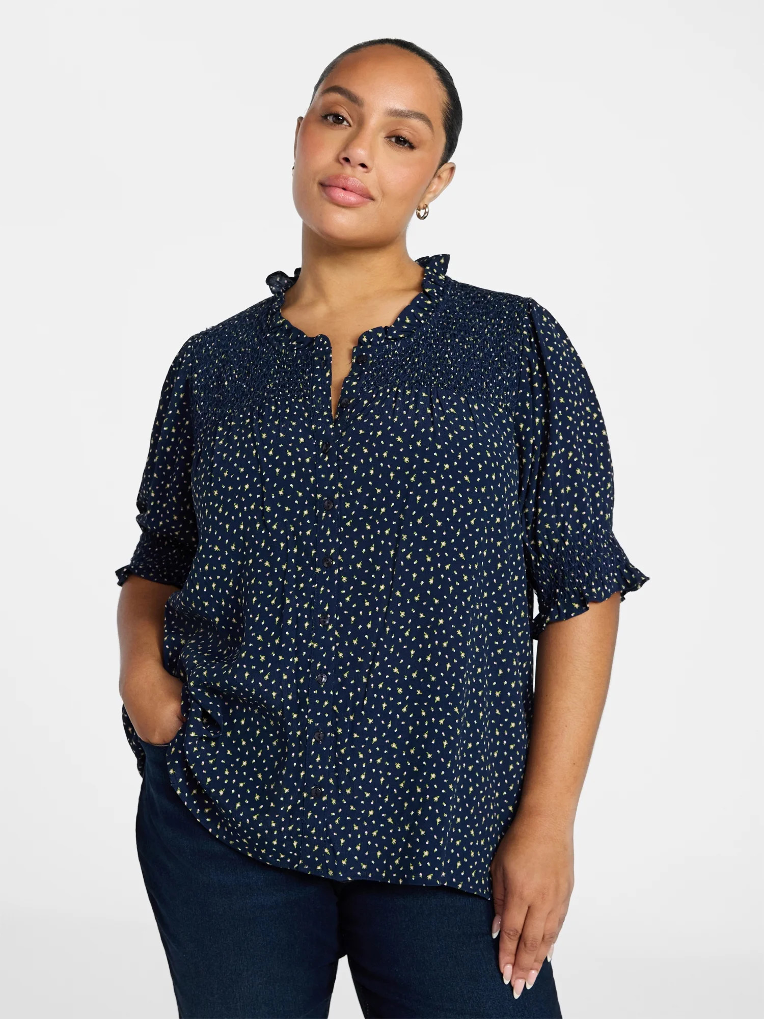 Terra & Sky Women's Plus Size Smock Yoke Top with Elbow Sleeves, Sizes 0X-5X | Walmart (US)