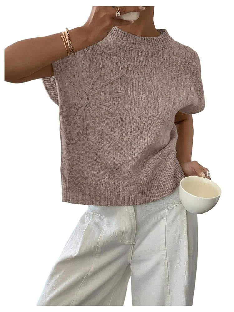 SOLY HUX Women's Ribbed Sweater Crew Neck Short Sleeve Loose Fit Floral Knit Pullover Tops | Amazon (US)