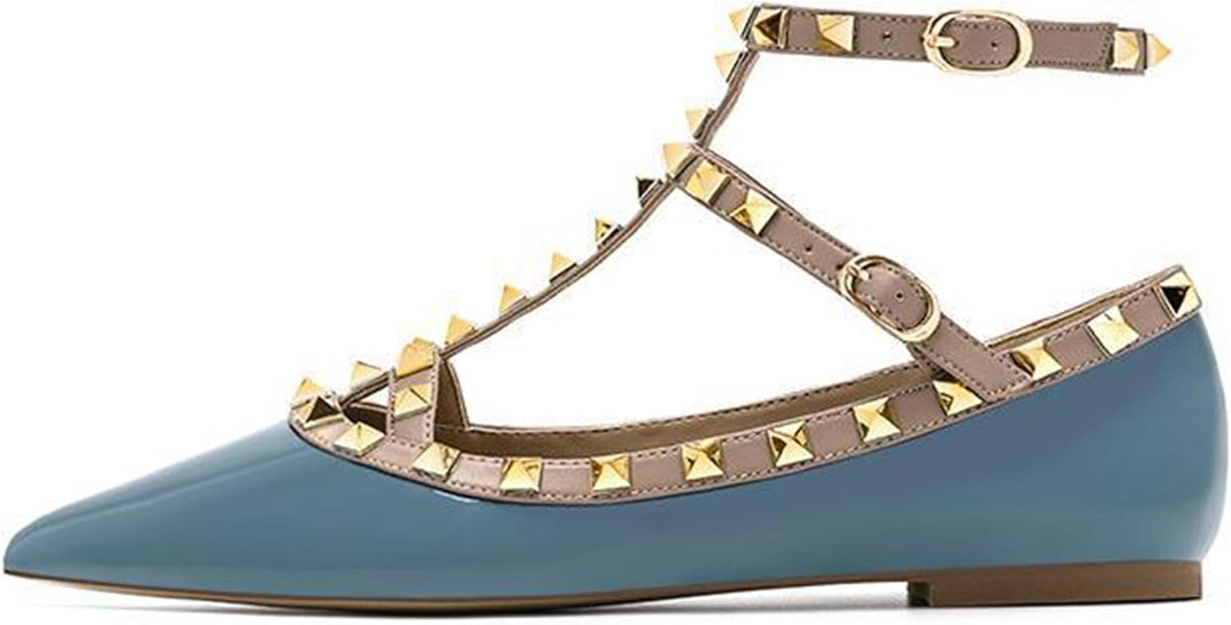 Lossarye Women's Closed Pointed Toe Ankle Strap Flats with Studs Fashion T-Strap Comfortable Casu... | Amazon (US)