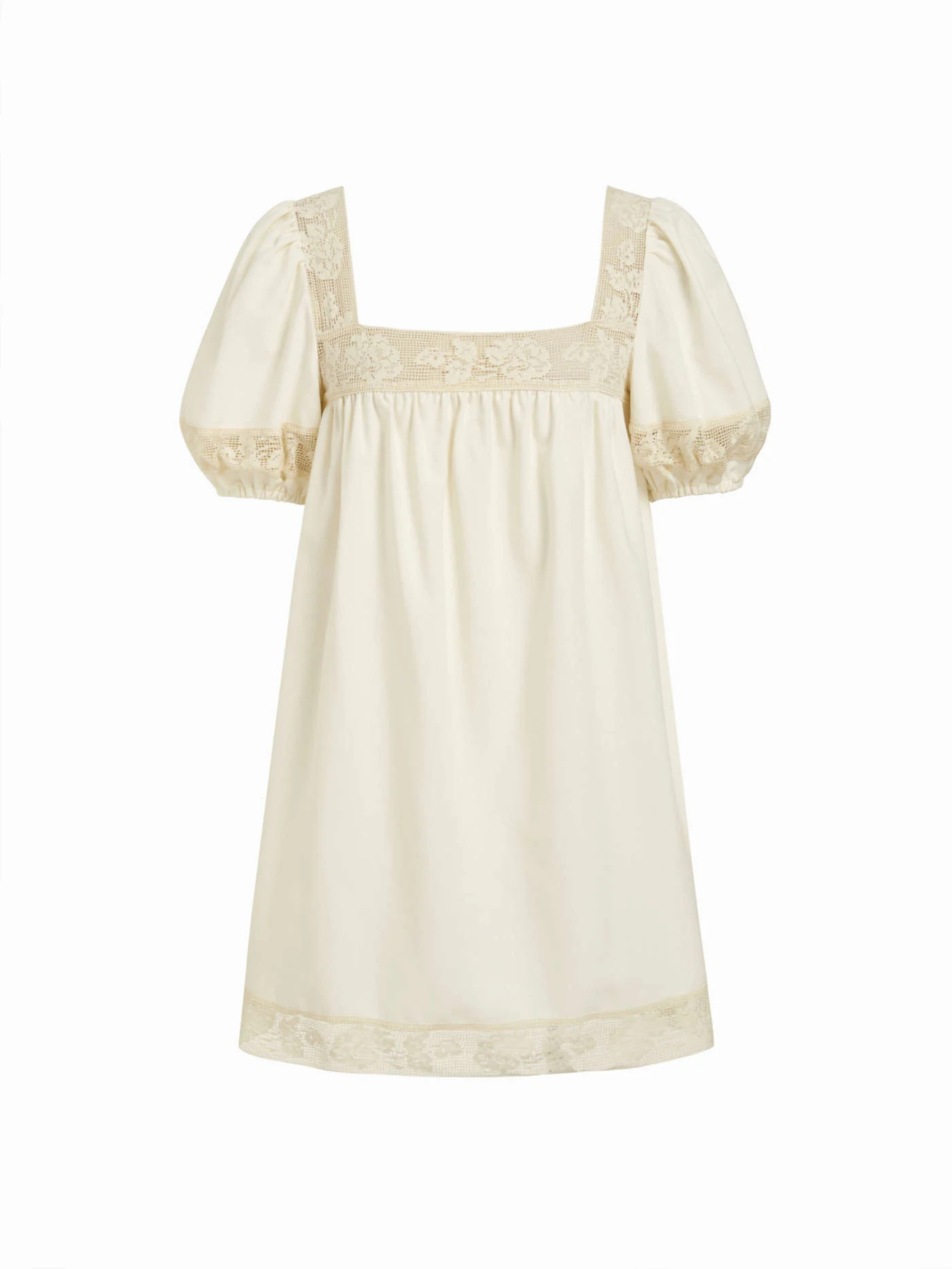 Linen-blend Square Neck Puff Sleeve Lace Trim Babydoll Mini Dress | Cider