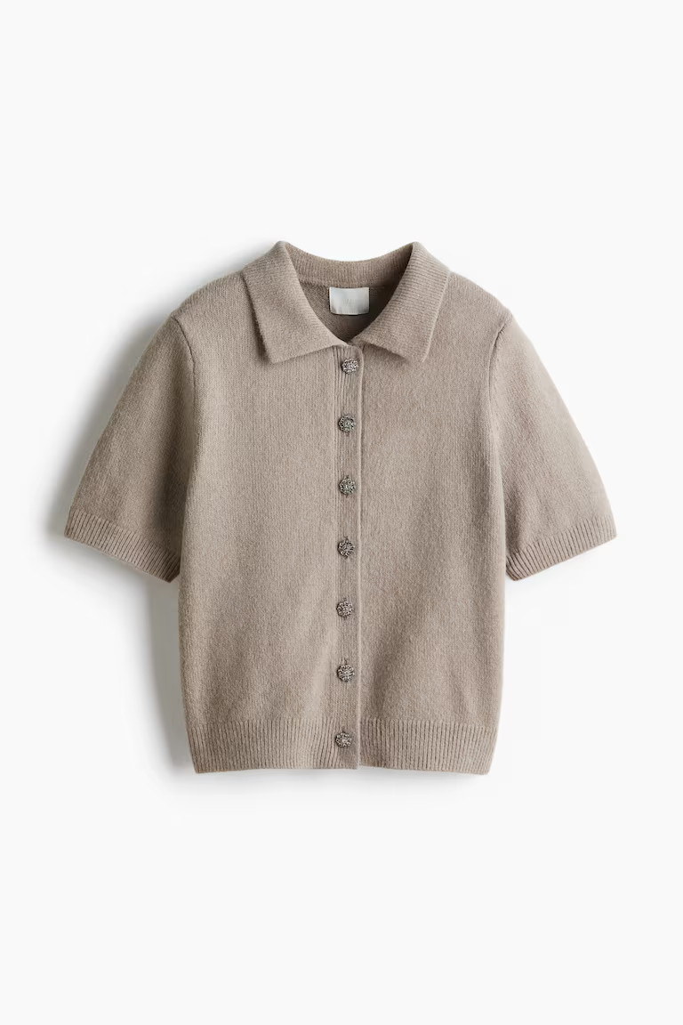 H & M - Short-sleeved collared cardigan - Brown | H&M (US, CA, MX)