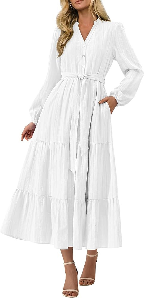 PRETTYGARDEN Womens Fall Maxi Dresses 2025 Casual Long Sleeve V Neck Button Down Flowy A Line Tie... | Amazon (US)