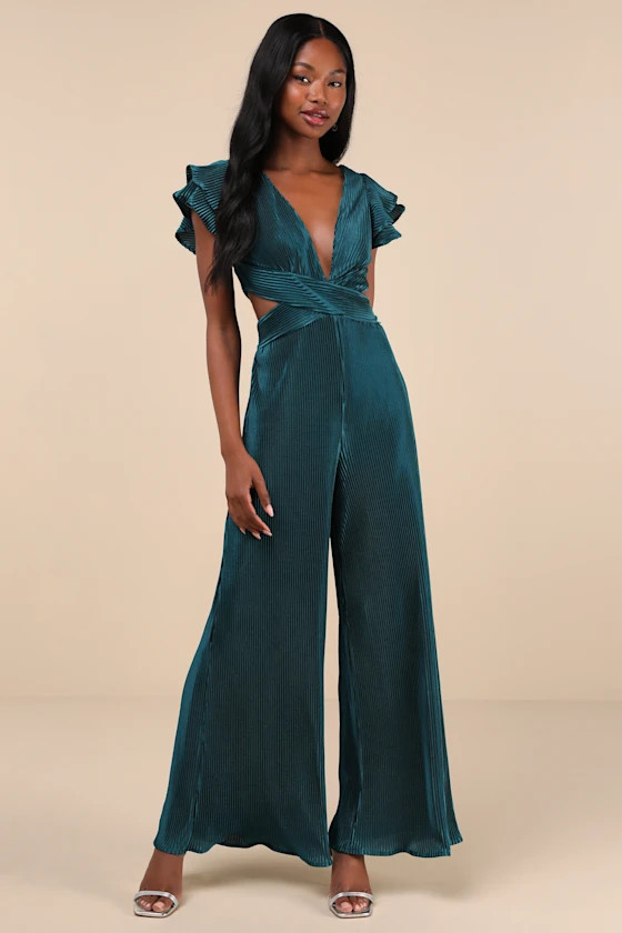 Luxe Decision Dark Teal Plisse Satin Cutout Wide-Leg Jumpsuit | Lulus