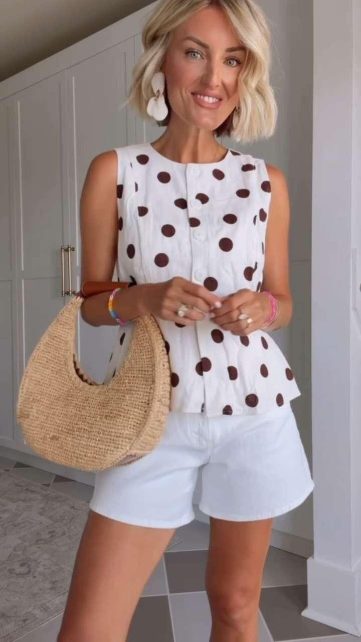 How cute is this polka dot peplum top?! I am in love! This is such a chic neutral look with European vibes! The brown polka dots and white linen make such a feminine, classy combo, and the top can be worn for a weekend or to work. Wearing XS top and 27 shorts! Top on sale!

Loverly grey, abercrombie white dad shorts, ann taylor fashion finds, polka dot top, how to style white denim shorts, fashion finds sale women, what to wear, brunch summer spring capsule 

 #LTKSeasonal #LTKSaleAlert #LTKWorkwear