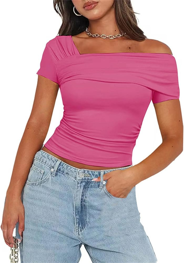 Women's One Off The Shoulder Top - Short Sleeve Ruched Going Out Crop Top Slim Fit Y2K T Shirt | Amazon (US)