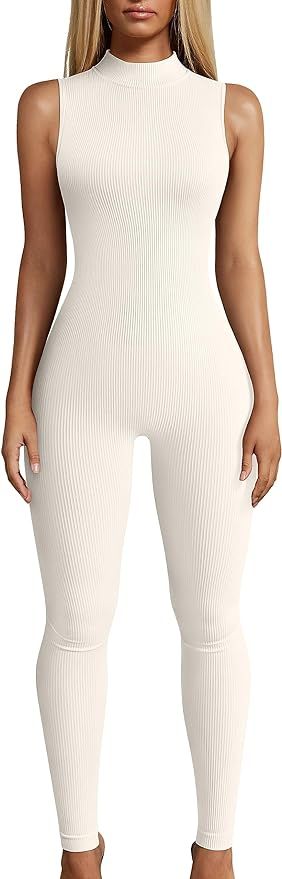 OQQ Women Yoga Jumpsuits Workout Ribbed Sleeveless High Neck Tops Sport Jumpsuits Beige | Amazon (US)