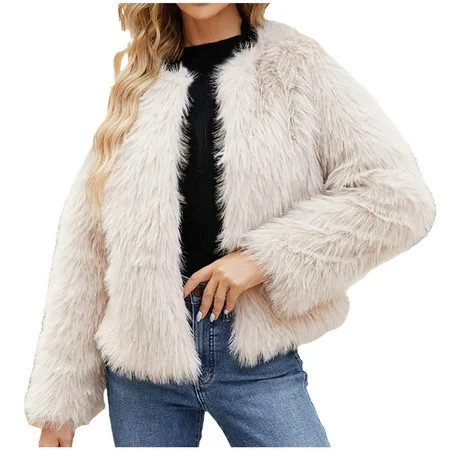 Ashirexll Faux Fur Jackets for Women Winter Coats Fleece Cropped Jacket Faux Fur Long Sleeve Pockets Shaggy Warm Outerwear Fall Clothes Beige S | Walmart (US)