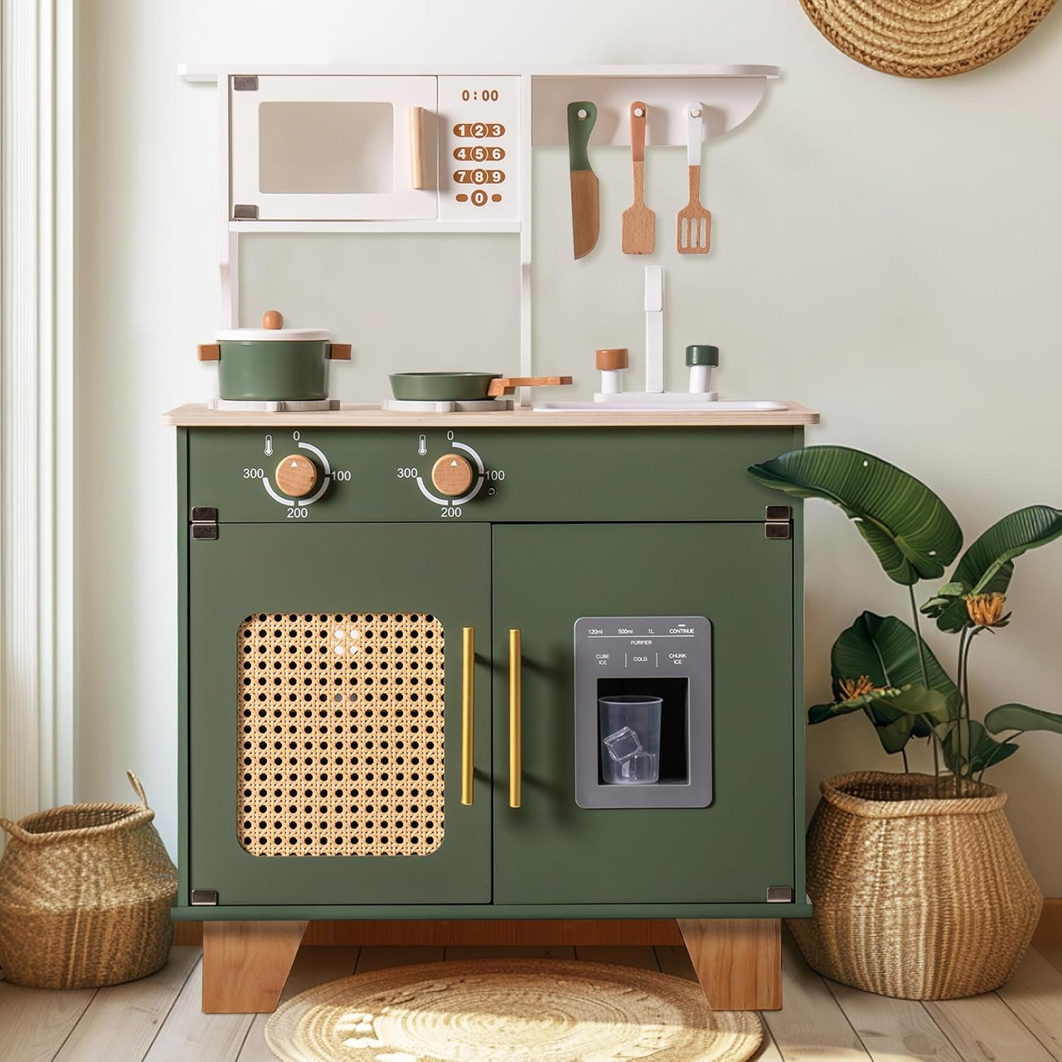 ROBOTIME Wooden Play Kitchen for Kids, Realistic Toy Kitchen with Pretend Ice Dispenser and Rattan Mesh Element, Prentend Play Cooking Playset for Toddler, Gift for Boys Girls Aged 3+, Vintage Green | Amazon (UK)