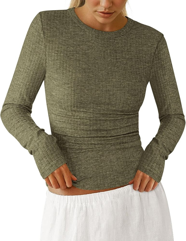 PRETTYGARDEN Womens Long Sleeve Shirts 2026 Ribbed Knit Slim Fitted Basic Tee Casual Going Out To... | Amazon (US)