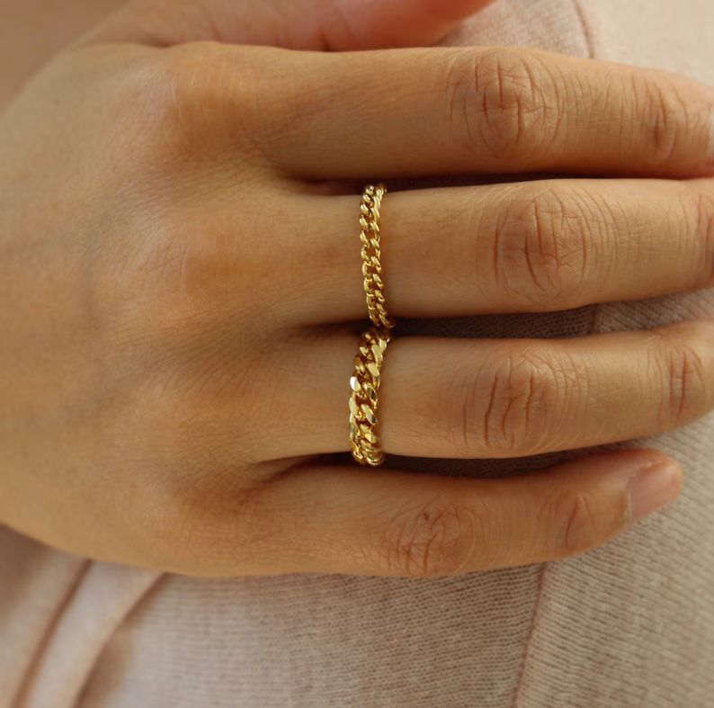 Gold Chain Ring, Gold Stacking Ring, Thick Chain Ring, Curb Chain Ring, Statement Ring, Cuban Lin... | Etsy (US)