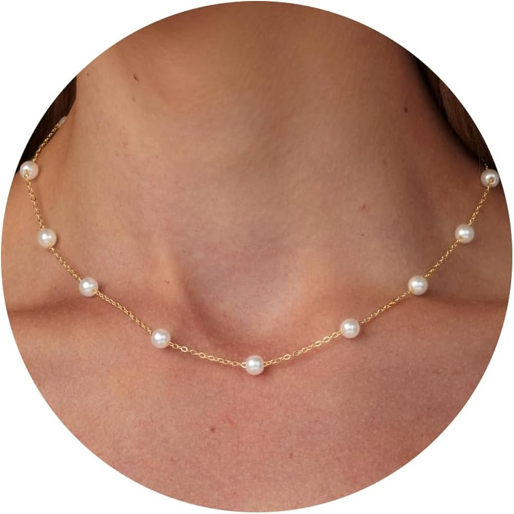 Pearl Necklaces for Women, Gold/Silver Pearl Necklace 14K Gold/White Gold Plated Dainty Pearl Nec... | Amazon (US)