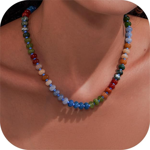 Colorful Beaded Choker Necklace for Women, Handmade Gemstone Necklace with Natural Stone and 18K ... | Amazon (US)