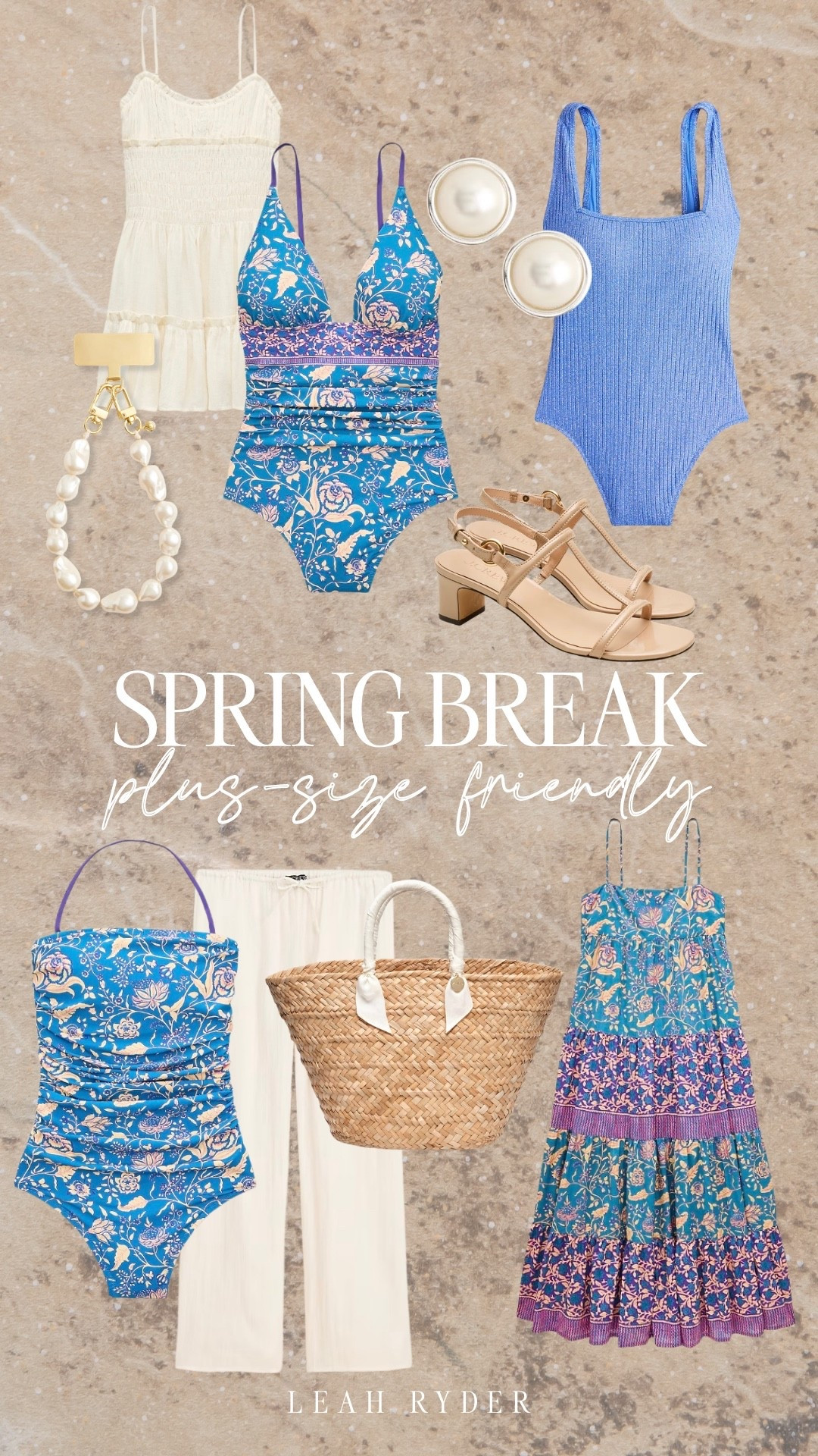 This plus-size friendly spring break roundup features flattering one-piece swimsuits, breezy resort dresses, and easy vacation staples perfect for warm weather getaways. Blue floral swimwear paired with woven totes, neutral sandals, and pearl accessories creates a polished beach-to-dinner look. Lightweight pants and flowy dresses make these pieces easy to layer for poolside lounging, coastal dinners, or exploring on vacation. Chic spring break outfits like these are comfortable, stylish, and perfect for sunshine-filled travel days.

#LTKSwim #LTKPlusSize #LTKTravel