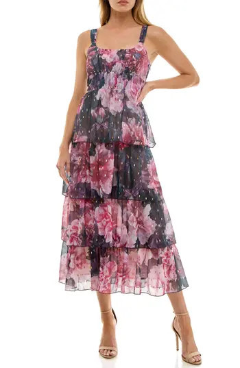 Socialite Floral Print Tiered Dress in Black/Pink Floral at Nordstrom Rack, Size X-Small | Nordstrom Rack