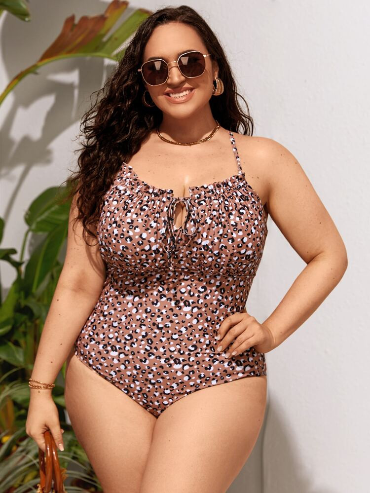 Plus Leopard Frill Trim Tie Front Cross Back One Piece Swimsuit | SHEIN
