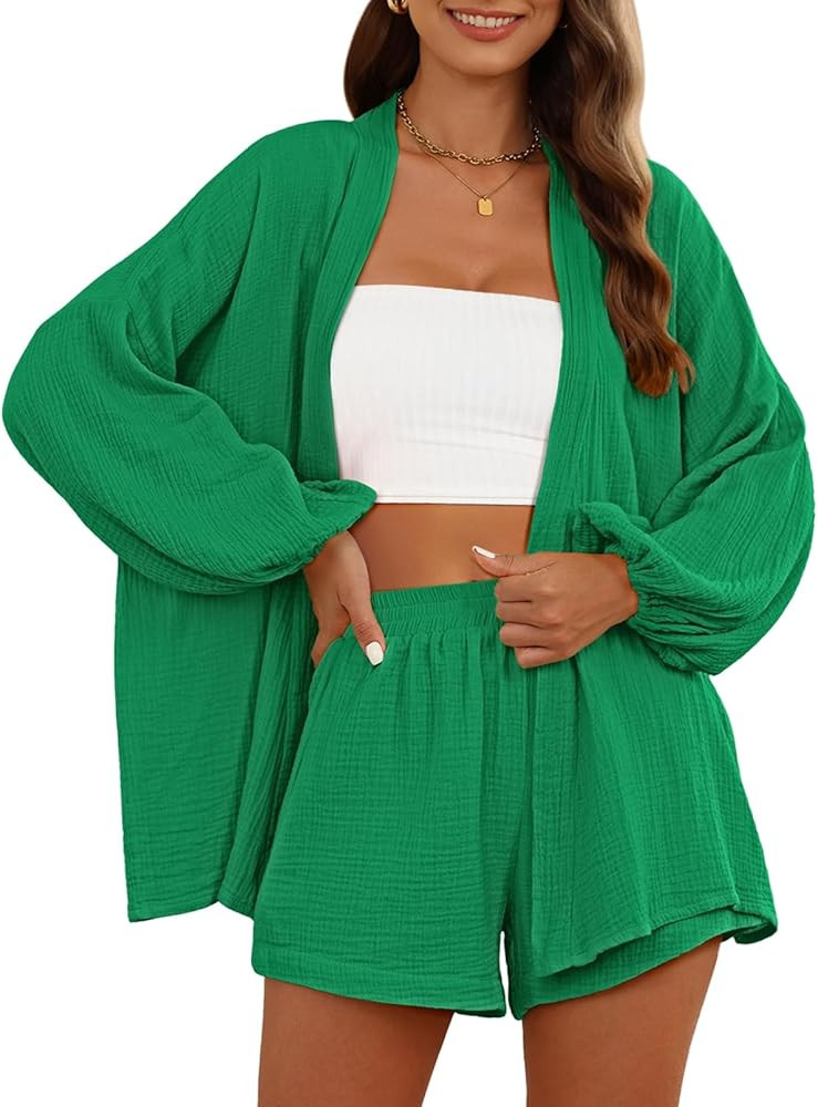 Pink Queen Women's 2 Piece Tracksuit Outfit Long Sleeve Belted Kimono Blouse High Waisted Shorts ... | Amazon (US)
