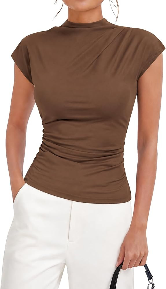 HOTIAN Womens Mock Neck T Shirts 2026 Cap Sleeve Y2K Going Out Tops Business Ruched Casual Office... | Amazon (US)