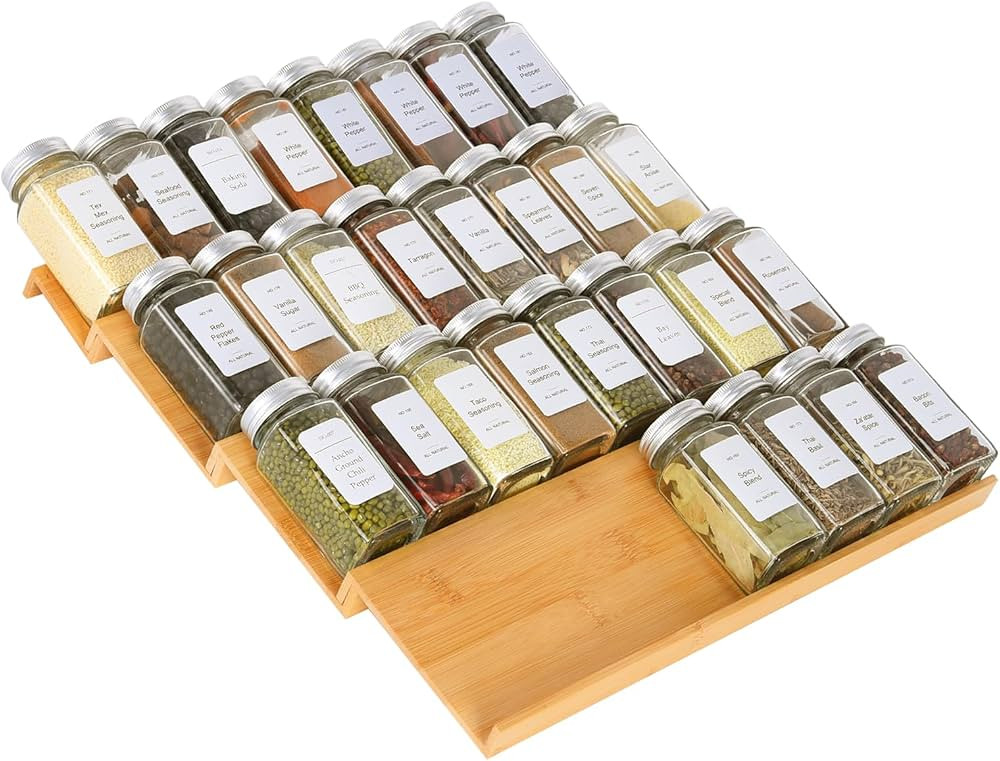 KitHero Spice Drawer Organzier,4 Tiers Bamboo Spice Rack Tray Insert for Cabinet Drawer Counterto... | Amazon (US)