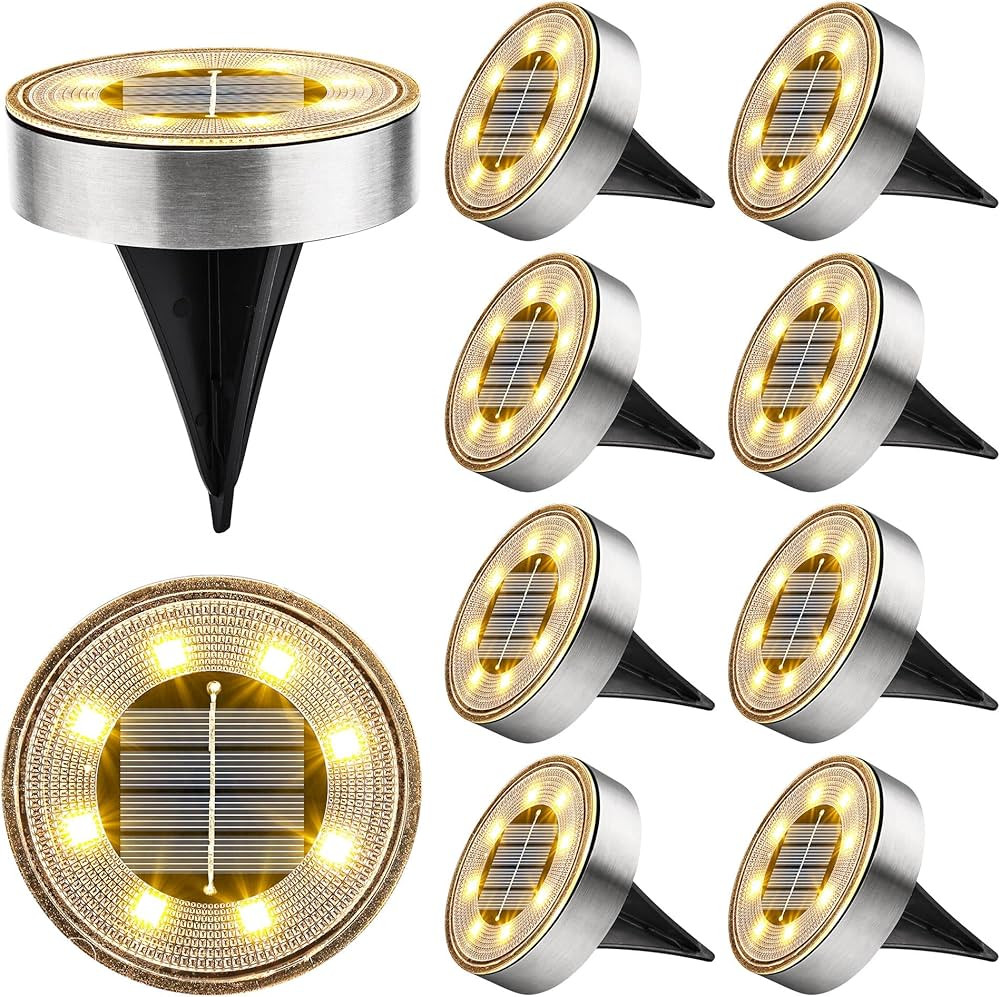 Joomer Solar Ground Lights, 10 Pack 8 LED Solar Lights Outdoor IP68 Waterproof Solar Disc Lights In-Ground Landscape Lighting Outdoor Lights for Patio Pathway Lawn Yard Driveway Walkway (Warm White) | Amazon (US)